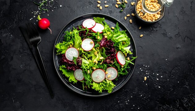 Overhead shot of a colorful salad with radishes, greens, and pine nuts on a black plate, with cutlery and a bowl of nuts
