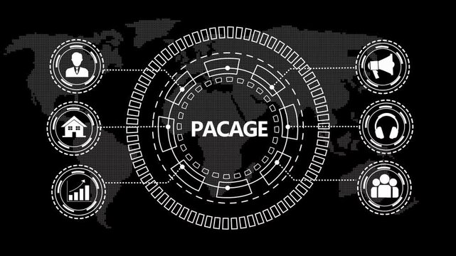 Futuristic digital interface featuring a global map background, with animated circular, hud for business, communication, and data, analytics for corporate, technology presentations