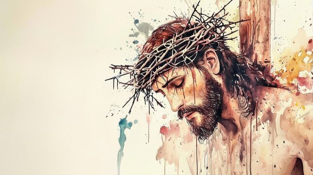 A poignant watercolor painting depicting Jesus on the cross.