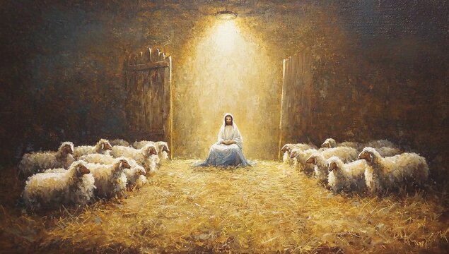 Jesus interacting peacefully with sheep in a rustic barn.