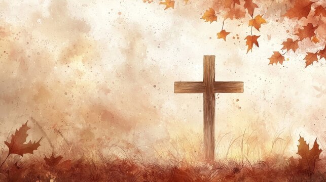 The beauty of fall captured in a watercolor design with a cross silhouette. 