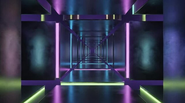 Futuristic neon lit tunnel perspective with geometric metal frames and endless reflections creating a sci-fi abstract concept