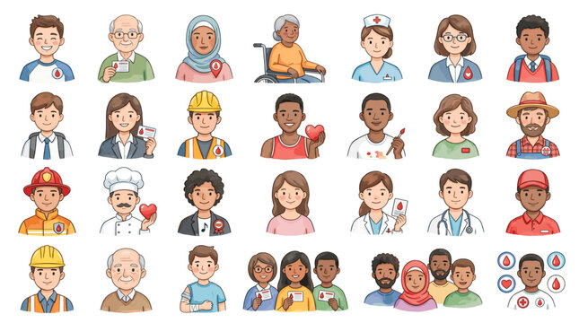 Flat vector avatar set of diverse multicultural people, doctors, workers, children, elders and community characters isolated on white background