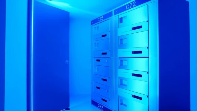 Cabinets and Door in a Dimly Lit, Futuristic, Sterile Room with Strong Blue Lighting, Creating a Mysterious and Technological Atmosphere.