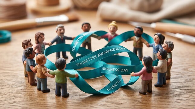 Diverse Clay Figures Holding Teal 'TOURETTES AWARENESS DAY' Ribbon in a Circle