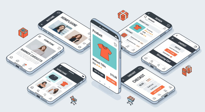 Mobile apps, smartphone screens, UI elements, vector icons, modern design, app templates, digital interface