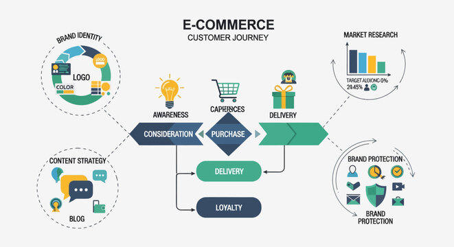 E-commerce customer journey, business process flowchart, marketing strategy diagram, vector illustration