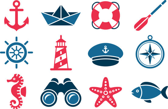 Nautical Maritime Vector Icon Set with Blue and Red Sea Symbols Including Anchor, Lighthouse, Compass, and Ocean Creatures for Summer Vacation Designs