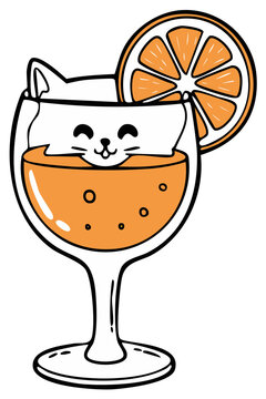 Cat in a Cocktail Glass with Orange Slice, Cheerful Cartoon Illustration, Kawaii Style, Graphic Design