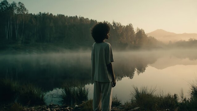 A female nature explorer standing by a calm lake looking at a dense forest on the opposite shore, thick morning mist floating over the water, gentle sunrise light warming the peaceful