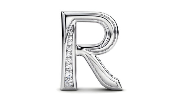 Letter R with Diamonds: A stylized uppercase letter R crafted from polished silver, adorned with a row of sparkling diamonds, symbolizing luxury and sophistication.