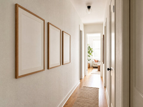 Row of three blank frames mockup for wall art display in narrow apartment hallway with natural light and copy space
