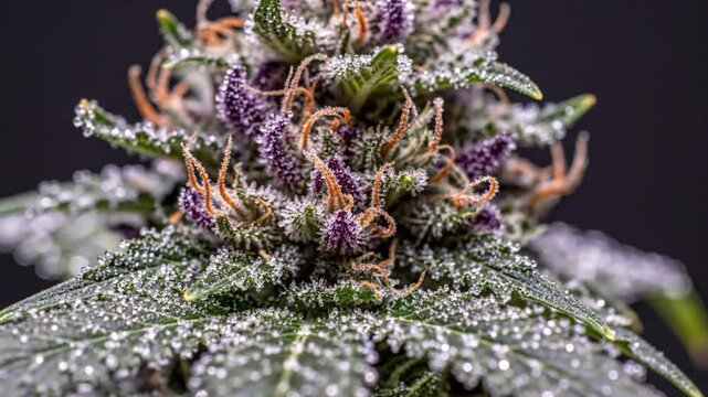 Close-up of a frosty cannabis bud displaying vibrant purple hues and orange pistils against a dark backdrop