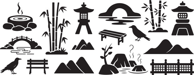 Japanese garden landscape silhouettes set, zen hot spring mountain bridge bamboo fence lantern crow bench asian nature icons. silhouette vector illustration © MdShakibul