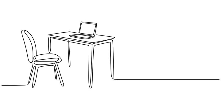 Minimalist workspace with empty chair and laptop on white table in line art style