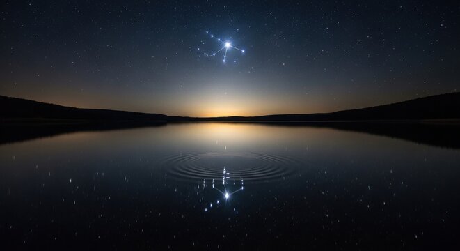 Orion Constellation Mirrored in Calm Water Under Starry Night Sky