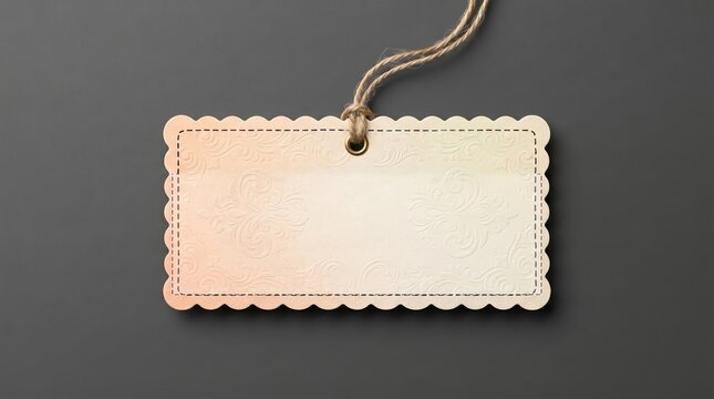 Elegant beige decorative label with scalloped edges and intricate floral embossing hanging from twine for branding and product packaging design