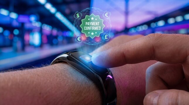 Closeup of a person using a smart wearable device for contactless payment with a digital confirmation hologram