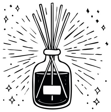 Hand-drawn illustration of a glass diffuser bottle with reeds and radiating light lines and sparkles