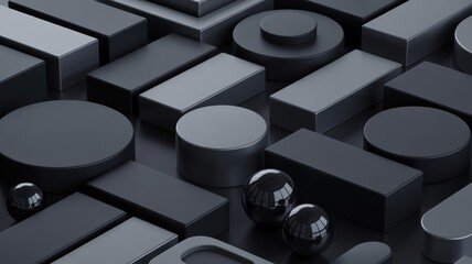 Dark minimalist 3D render of geometric shapes and spheres in a pattern