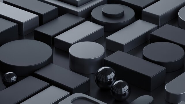 Dark minimalist 3D render of geometric shapes and spheres in a pattern