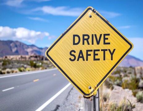 Road sign urging safe driving, sunny day