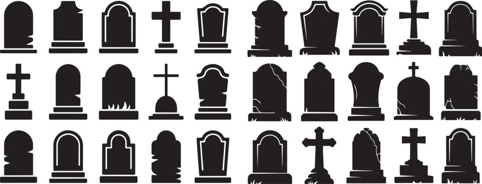 Collection of halloween grave silhouette. Spooky Gravestones and tombstones set. silhouette vector illustration