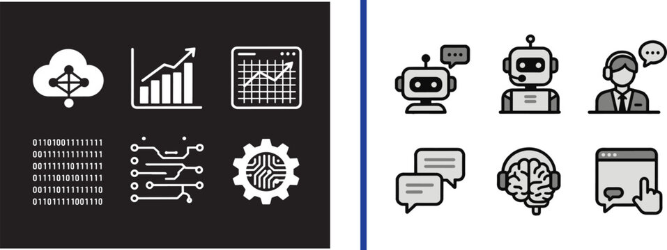 Artificial intelligence and data analytics vector icon set featuring robots chatbots cloud computing and business growth charts for technology automation