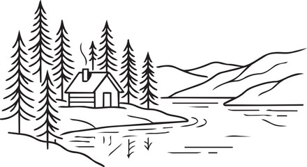 Fototapeta premium Log cabin in pine forest by mountain lake line art illustration