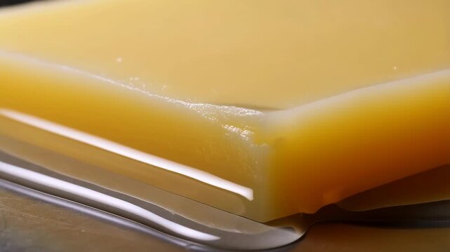 Paraffin Wax Chunk Slowly Melting, Forming a Smooth, Translucent Liquid Pool Beneath Its Golden Surface, a Luminous Process.