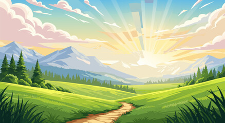 Fototapeta premium Vibrant vector illustration of a picturesque mountain landscape at sunrise with rolling green hills and a winding path
