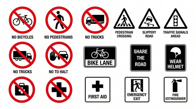 Collection of various traffic and safety warning signs and symbols with facility