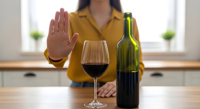 Woman Refusing Alcohol, Saying No to Wine with Hand Gesture