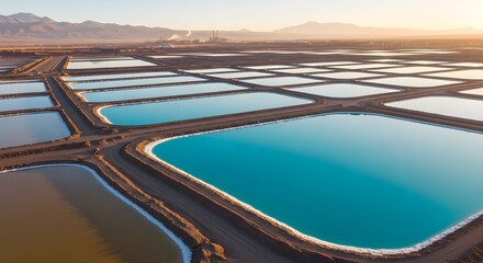 Fototapeta premium Industrial Evaporation Ponds for Salt Production Under a Clear Sky