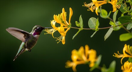 Naklejka premium Hummingbird Feeding on Yellow Flowers with Green Background