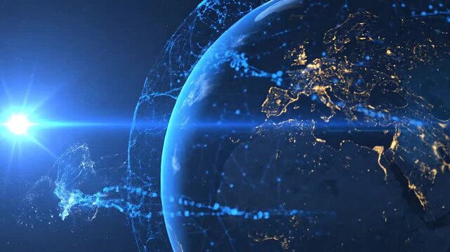 A glowing digital network surrounds a dark planet in deep space