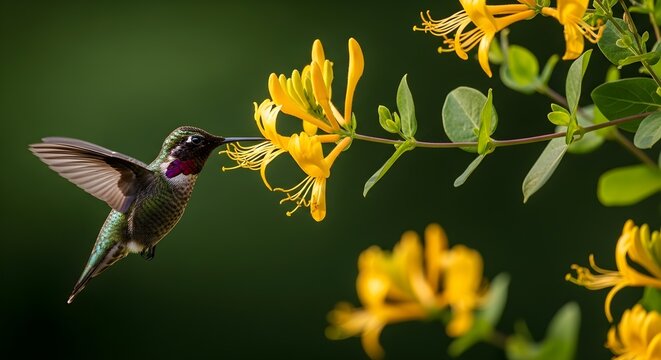 Hummingbird Feeding on Yellow Flowers with Green Background