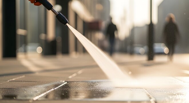 Worker Using Pressure Washer to Clean Outdoor Pavement Area