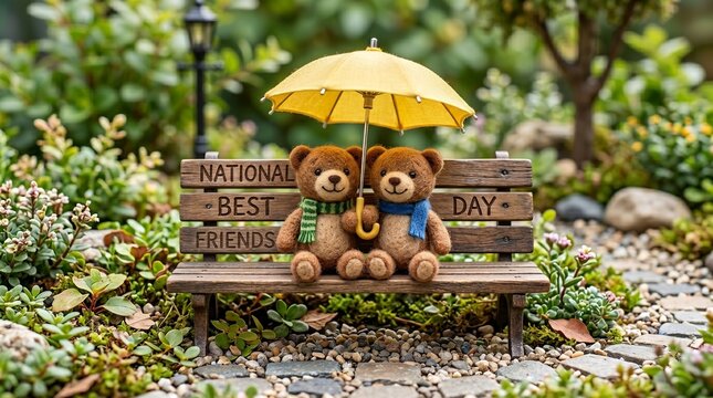 Two Teddy Bears on Miniature Bench Under Yellow Umbrella for 'National Best Friends Day'