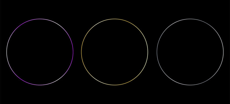 Gold and silver circle thin frame set. Shiny metallic foil circle border collection. Golden glowing boarder bundle in art deco style. Linear round element pack for photo, cadre, card, emblem. Vector