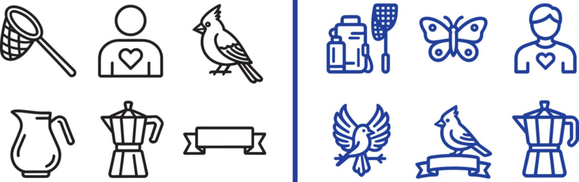 Minimalist line icon set featuring cardinal bird butterfly moka pot pitcher and person with heart for graphic design and web interface