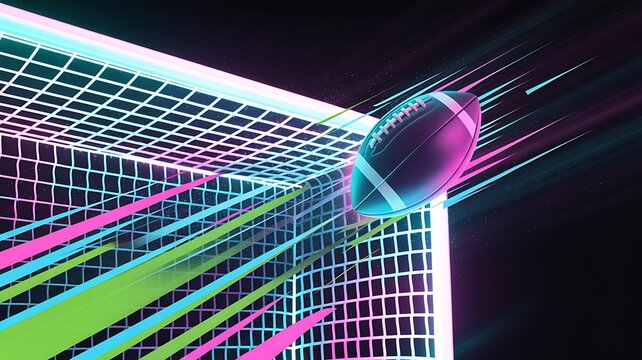 A dynamic American football flying into a glowing neon net with vibrant light trails and dark space