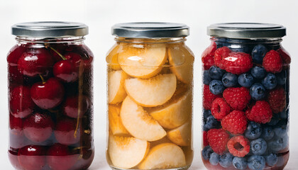Three glass jars filled with preserved fruit and berries © Sujoy