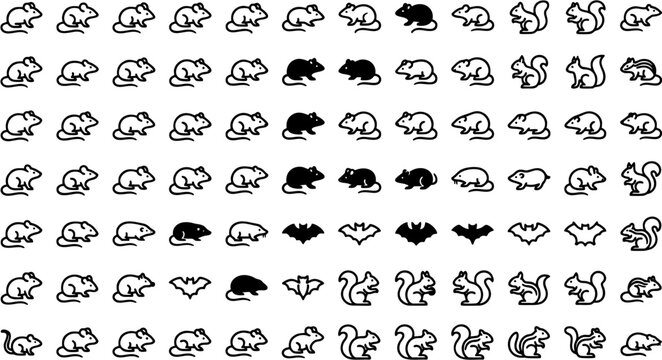 This vector set features various styles of mice, rats, squirrels, chipmunks, and flying bats, presented in both clean line art and solid black silhouettes.