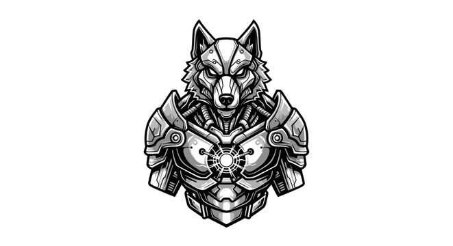 Mechanical cybernetic wolf head in heavy armor.