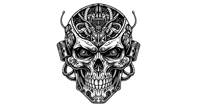 Mechanical robot skull with intricate cybernetic wires and parts.