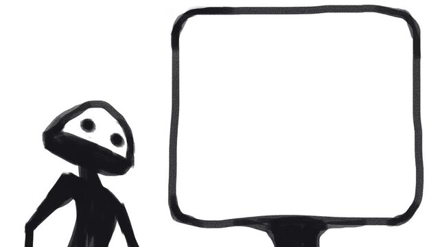 There is a character standing next to the frame, shaking his head and dancing.