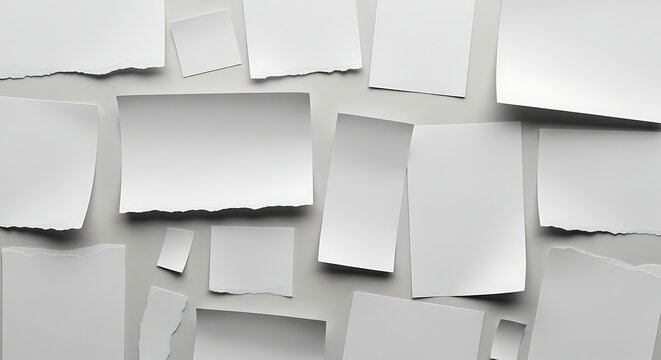 Scattered torn white paper pieces and sheets on a light gray background
