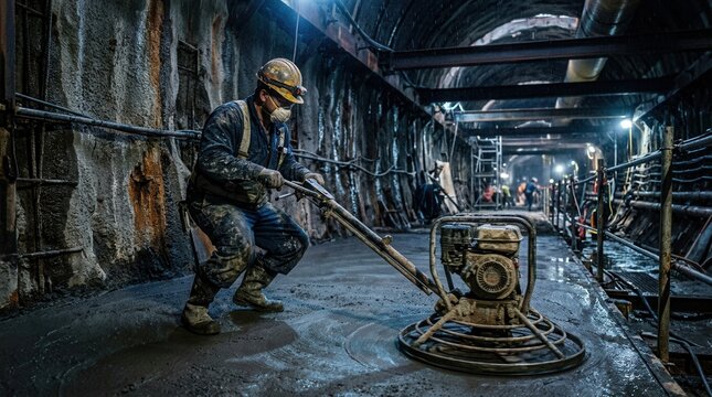 Concrete Work In Progress: A Construction Worker Smoothes Freshly Laid Cement