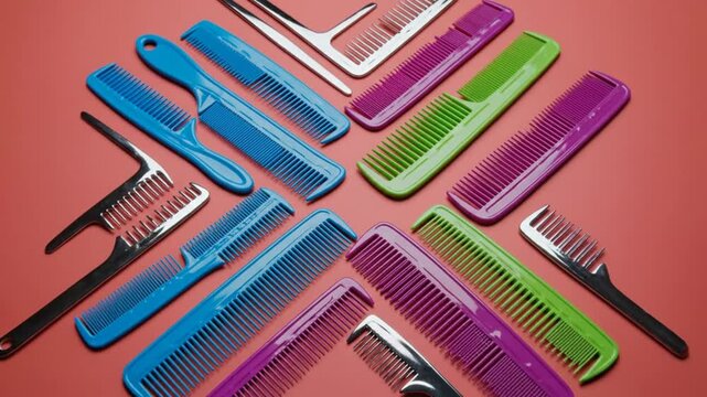 Colorful hair combs arranged on a red surface, a still life perspective showcasing beauty tools.